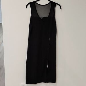 bebe Black V-neck Midi Dress with Fron Zipper and Sheer Detail Large